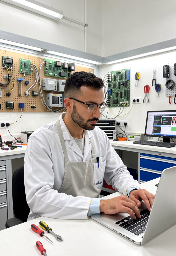 Electricista trabajando en la contabilidad con un ordenador portátil en su taller